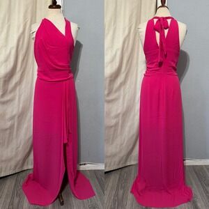 $395 HALSTON Asymmetric Draped Gown Azalea Pink Halter Neck Tie Back Size 8 Prom